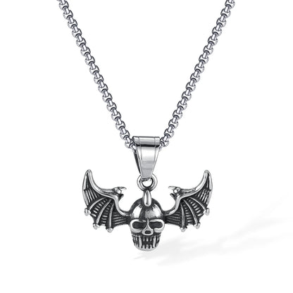 Men’s Punk Skull Pendant Necklace – Gothic Bat Wings Stainless Steel Chain for Streetwear Style