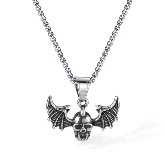 Men’s Punk Skull Pendant Necklace – Gothic Bat Wings Stainless Steel Chain for Streetwear Style