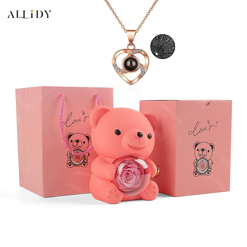 Eternal Rose Teddy Bear Gifts Box with Necklace Rotate Rose Jewelry Box Valentine Wedding Storage Gift Case for Women Girlfriend