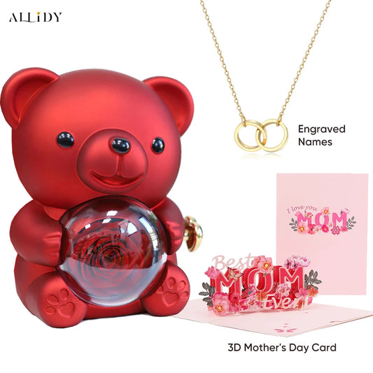 Mother's Day Gift Set Personalized Custom Necklace & Eternal Rose Teddy Bear and Beautiful Card Unique Jewelry Gift for Mom