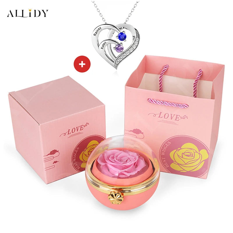 Personalized Heart Necklace with 2-4 Birthstones Custom Engraved Name Pendant Preserved Rose Jewelry Gift Box Christmas Women