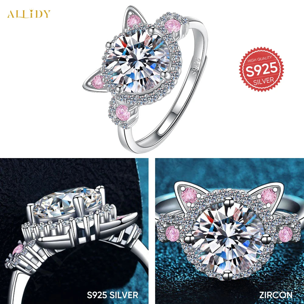 S925 Silver Fashion Cute Pink Cat Zircon Ring with Rose Bear Gift Box Jewelry Set Marriage Proposal Gift for Girlfriend