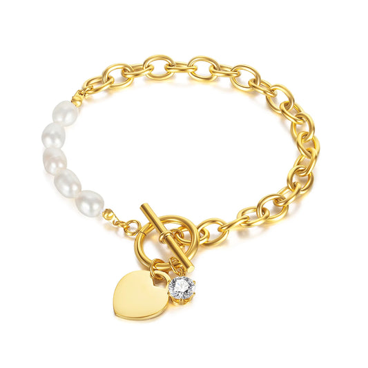 Elegant Women's Stainless Steel Bracelet with Freshwater Pearls and Heart Zircon – INS Style Titanium Jewelry