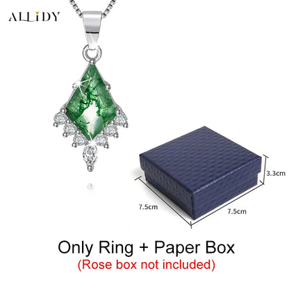 Creative Natural Green Moss Stone Pendant Stainless Steel Necklace With Real Preserved Rose Jewelry Box Christmas Gifts Set