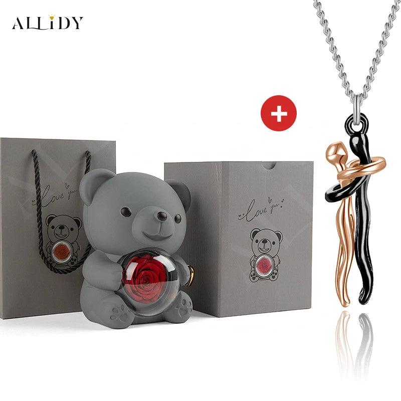 Hip Hop Embrace Couple Pendant Necklace Adjustable Hugging Pendant Necklace and Eternal Rose Bear Jewelry Box Valentine Day Gift