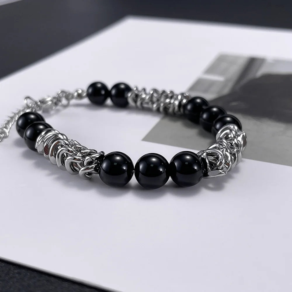 Unisex Black Glass Bead Bracelet – Minimalist Titanium Steel Wristband, High-End Stainless Steel Jewelry for Men & Women