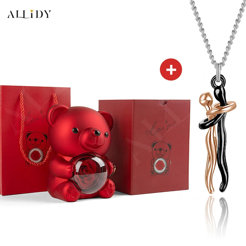 Hip Hop Embrace Couple Pendant Necklace Adjustable Hugging Pendant Necklace and Eternal Rose Bear Jewelry Box Valentine Day Gift