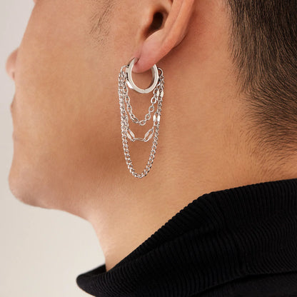 Men’s Stainless Steel Tassel Chain Stud Earring – Trendy Punk Style Titanium Steel Ear Accessory