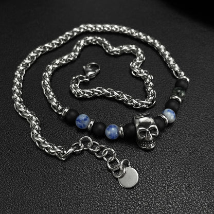 Men’s Skull Pendant Necklace – Stainless Steel Blue Dot Stone & Matte Beads Gothic Punk Jewelry