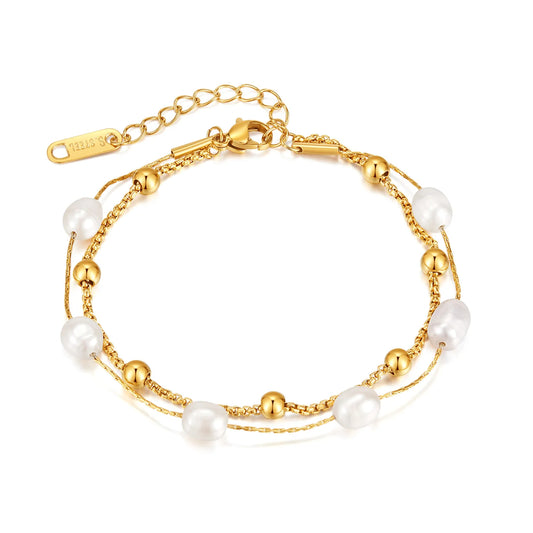 Vintage Stainless Steel Pearl Bracelet for Women – Minimalist Layered Titanium Steel Jewelry