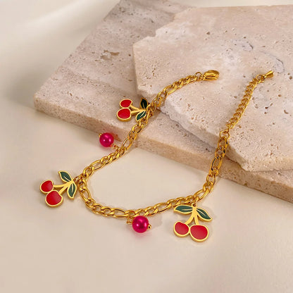 Fruit Charm Bracelet for Women – Stainless Steel Cherry Strawberry Enamel Titanium Steel Fashion Jewelry