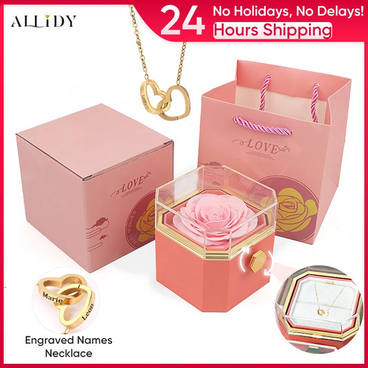 New Octagon Rotating Preserved Rose Proposal Surprise Jewelry Gift Box with Custom Name Necklace Set Holiday for Girlfriend