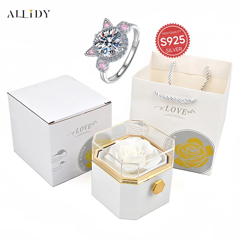 925 Sterling Silver Cute Cat Ear Design Artificial Zircon Ring with Eternal Rose Jewelry Gift Box Set for Girl Women