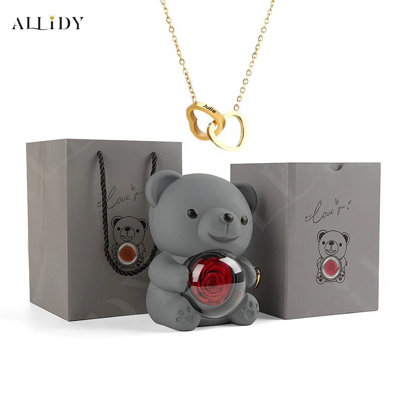 New Christmas Gift Box Blue Real Preserved Eternal Rose Rotating Teddy Bear with Engraved Name Necklace Jewelry Gift Boxes Set