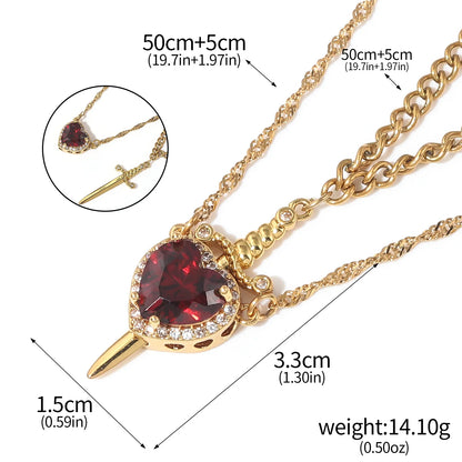 Hot Red Zircon Love Dagger Sword Pendant Collarbone Chain Double Valentine's Day Couple Necklace Real Preserved Rose Teddy Bear