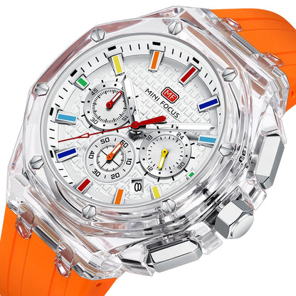 MINIFOCUS Trendy Mens Watch Ultra Lightweight Octagonal Transparent Case Multifunction Quartz Luminous Fashion Sport Watch