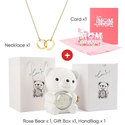 Mother's Day Gift Set Personalized Custom Necklace & Eternal Rose Teddy Bear and Beautiful Card Unique Jewelry Gift for Mom