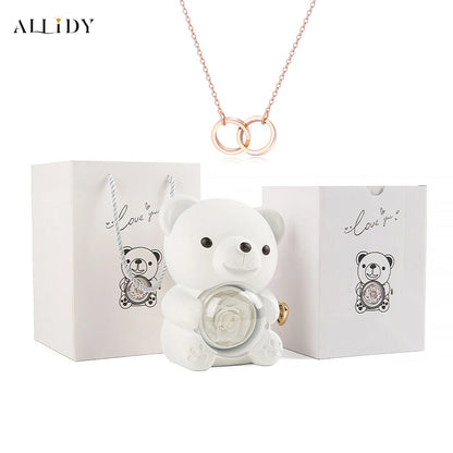 School Gift Send Son Daughter Lovely Red Eternal Rose Teddy Bear with Custom Carved Words Heart Necklace Jewelry Gift Set