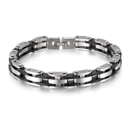Men’s Hip Hop Silicone & Stainless Steel Bracelet – Retro Punk Titanium Steel Wristband, Stylish and Durable