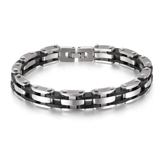 Men’s Hip Hop Silicone & Stainless Steel Bracelet – Retro Punk Titanium Steel Wristband, Stylish and Durable