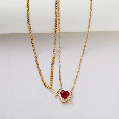 2PC Gothic Punk One Arrow Through The Heart Creative Two Color Couple Necklace Red Rhinestone Heart Dagger Necklace Friend Gift