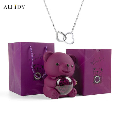 Real Preserved Eternal Rose Teddy/Hugging Bear with Engraved Name Necklace Jewelry Gift Box Christmas Valentine's Day Birthday