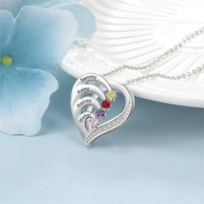 Family Custom Birthday Stone Engraved Heart-shaped Pendant Stainless Steel Necklace with Originality Drawer Jewelry Box Gifts