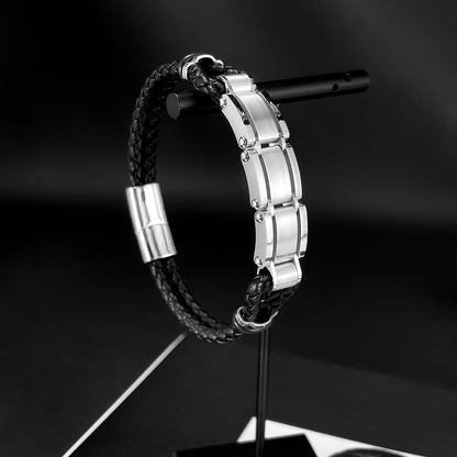 Men’s Biker Chain Leather Bracelet – Double Layer Braided Wristband with Creative Stainless Steel Design, Hip Hop Style