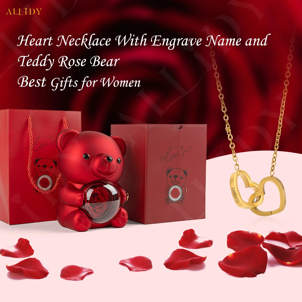 Teddy Bear Gift Box-Rotating Eternal Rose Box with Necklace for Wedding Custom Name Necklace Jewelry For Women Gift Girlfriend