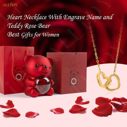 Teddy Bear Gift Box-Rotating Eternal Rose Box with Necklace for Wedding Custom Name Necklace Jewelry For Women Gift Girlfriend