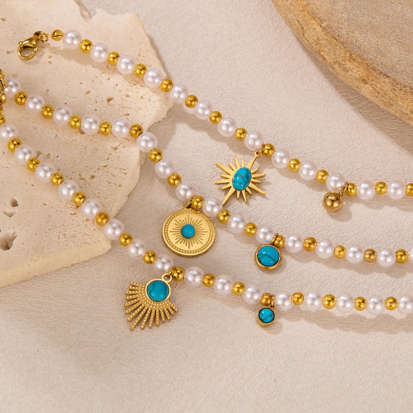 Vintage French Style Geometric Pearl Turquoise Bracelet – Creative Stainless Steel Chain Jewelry for Women