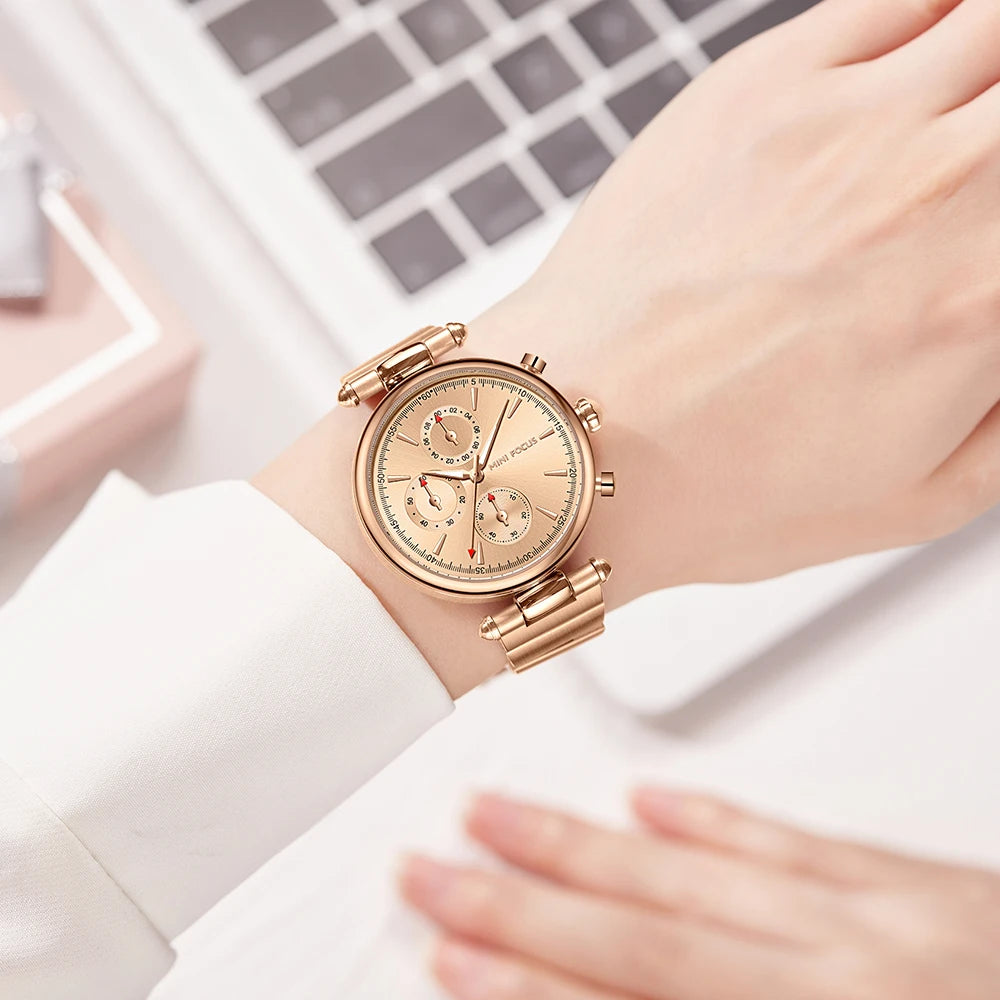 MINIFOCUS Women's Fashion Quartz Watch – Multifunction Waterproof Stainless Steel Timepiece Elegant Casual Luxury Gift for Her