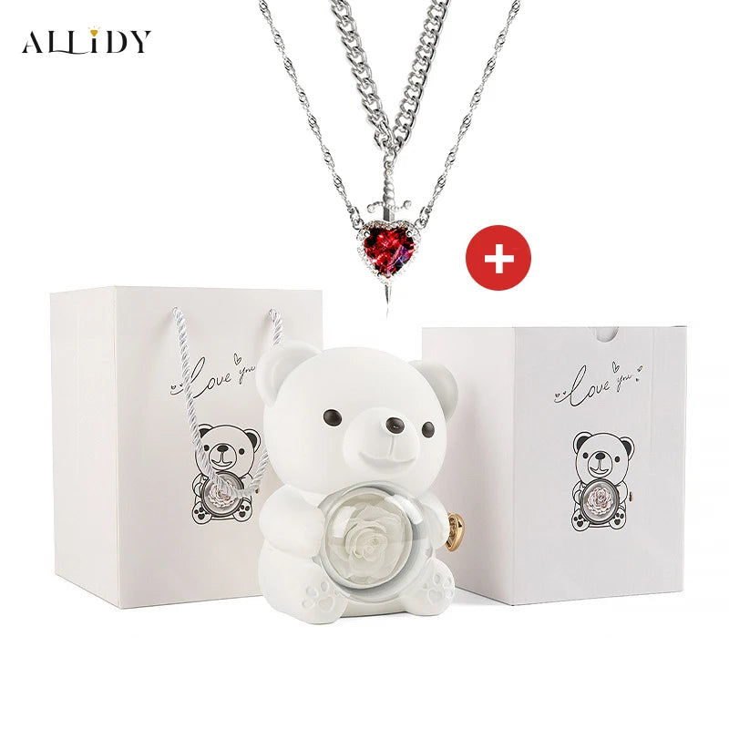 Hot Red Zircon Love Dagger Sword Pendant Collarbone Chain Double Valentine's Day Couple Necklace Real Preserved Rose Teddy Bear