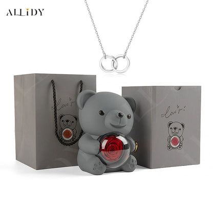 School Gift Send Son Daughter Lovely Red Eternal Rose Teddy Bear with Custom Carved Words Heart Necklace Jewelry Gift Set