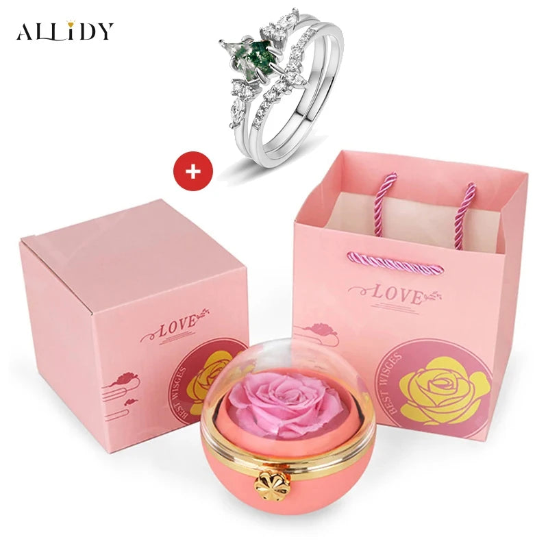 Creative Irregular Natural Green Moss Stone Aquatic Agate Retro Women's Two-Piece Ring With Real Eternal Rose Jewelry Box Set