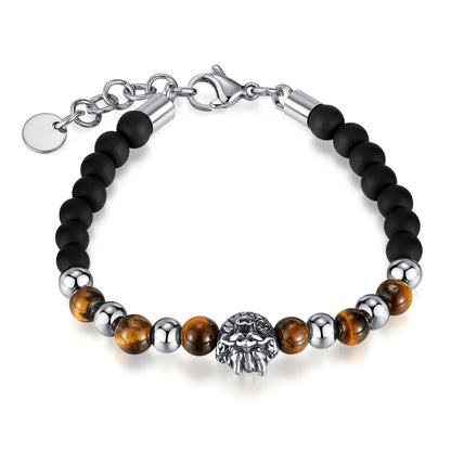 Men’s Stainless Steel Bracelet – Cross Chain with Skull / Wolf / Leopard Head & Tiger Eye Beads, Vintage Style