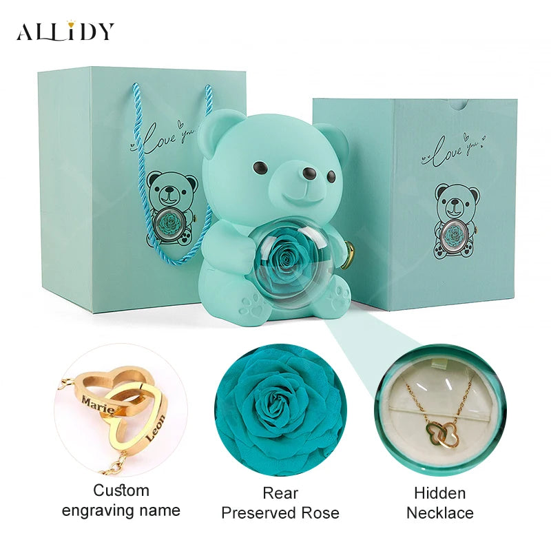 New Christmas Gift Box Blue Real Preserved Eternal Rose Rotating Teddy Bear with Engraved Name Necklace Jewelry Gift Boxes Set