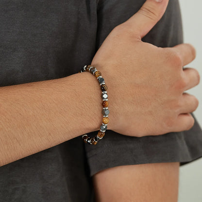 Men’s Tiger Eye & Black Onyx Beaded Bracelet – Stainless Steel Fashion Jewelry with Unique Design