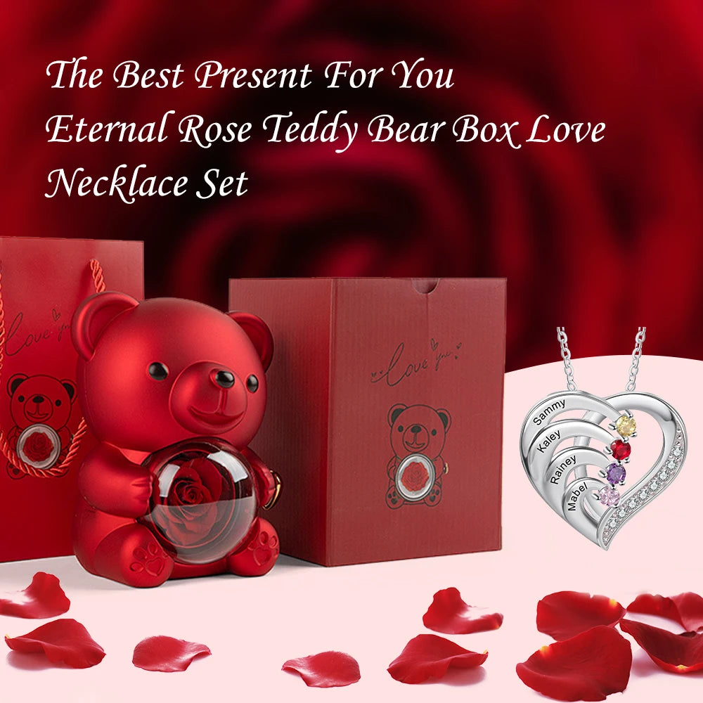 Fashion Personality Custom Engraved Name Heart Necklace and Eternal Rose Teddy Bear Jewelry Gift Box Christmas Valentine Women