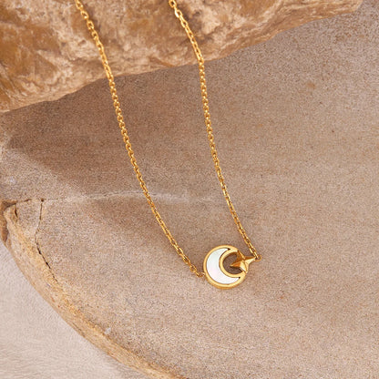 Fashion Versatile 4-Pointed Star Shell Moon Necklace for Women - Stylish Stainless Steel Titanium Steel Collarbone Chain Jewelry