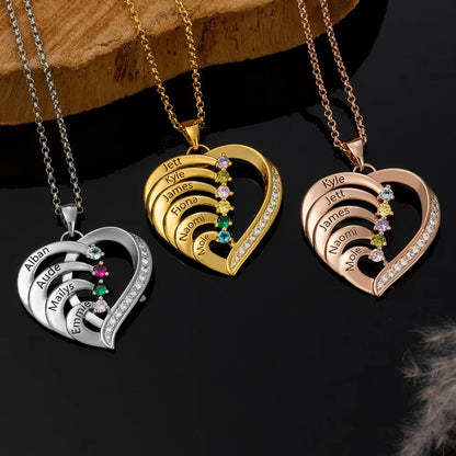 Family Custom Birthday Stone Engraved Heart-shaped Pendant Stainless Steel Necklace with Originality Drawer Jewelry Box Gifts