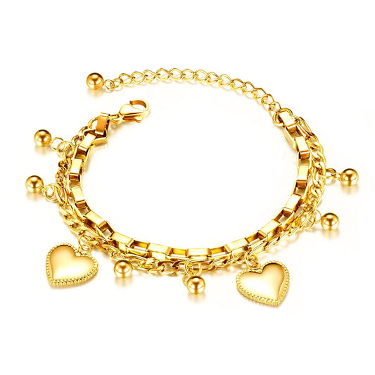 Trendy Layered Stainless Steel Bracelet for Women – Beaded Heart Titanium Steel Jewelry
