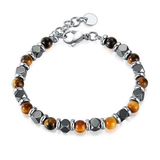 Men’s Tiger Eye & Black Onyx Beaded Bracelet – Stainless Steel Fashion Jewelry with Unique Design