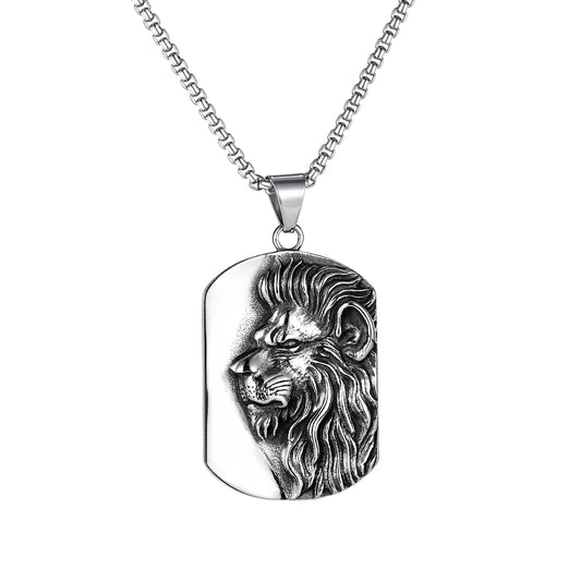 Men’s Bold Lion Head Dog Tag Necklace – Vintage Stainless Steel Pendant Chain, Power & Strength Streetwear Jewelry