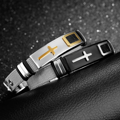 Men’s Vintage Punk Cross Bracelet – Titanium Steel Mesh Band Wristband, Gothic Fashion Jewelry