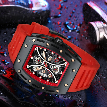 MINIFOCUS Men’s Hot Barrel‑Shaped Sport Watch Curved Glass Skeleton Dial Automatic Luminous Waterproof Watch Gift for Boyfriend