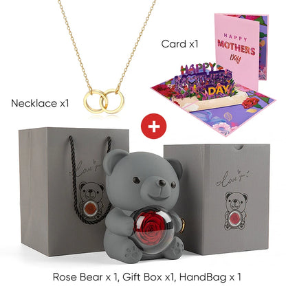 Mother's Day Gift Set Personalized Custom Necklace & Eternal Rose Teddy Bear and Beautiful Card Unique Jewelry Gift for Mom