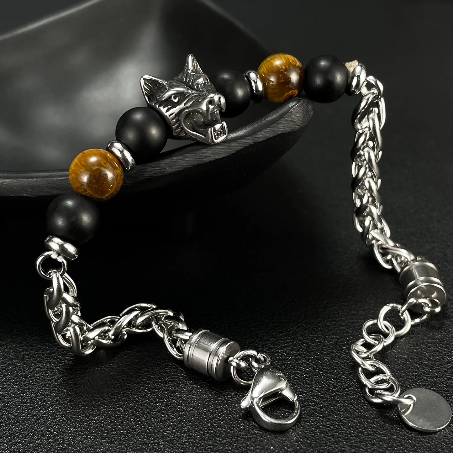 Men’s Stainless Steel Bracelet – Cross Chain with Skull / Wolf / Leopard Head & Tiger Eye Beads, Vintage Style