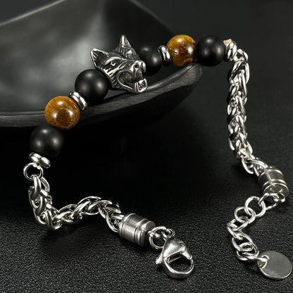 Men’s Stainless Steel Bracelet – Cross Chain with Skull / Wolf / Leopard Head & Tiger Eye Beads, Vintage Style