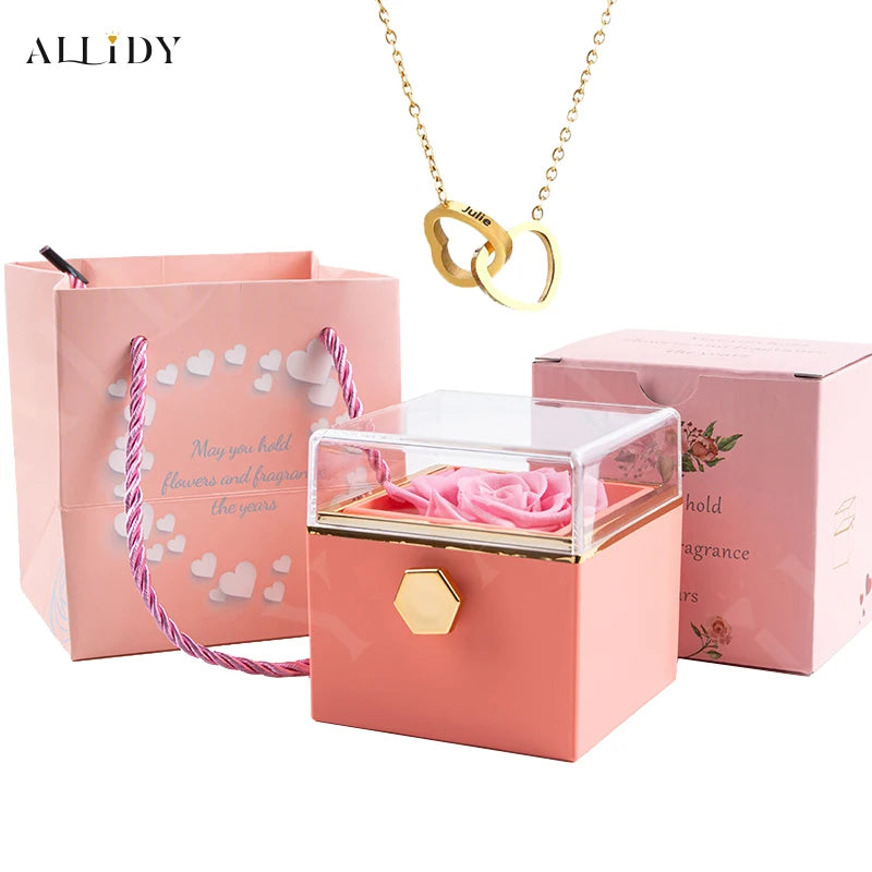 Custom Double Heart engraved Name Steel Necklace Eternal Rose box for Women Creative Surprise Confession Proposal Gifts